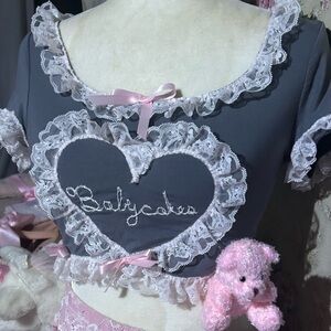 Baby cakes II 🎀🪽 ooak crop top blouse embroidered heart  dolly  pink bows pretty